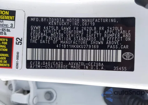 2019 Toyota Camry Se from USA, damaged, VIN 4T1B11HK6KU279169
